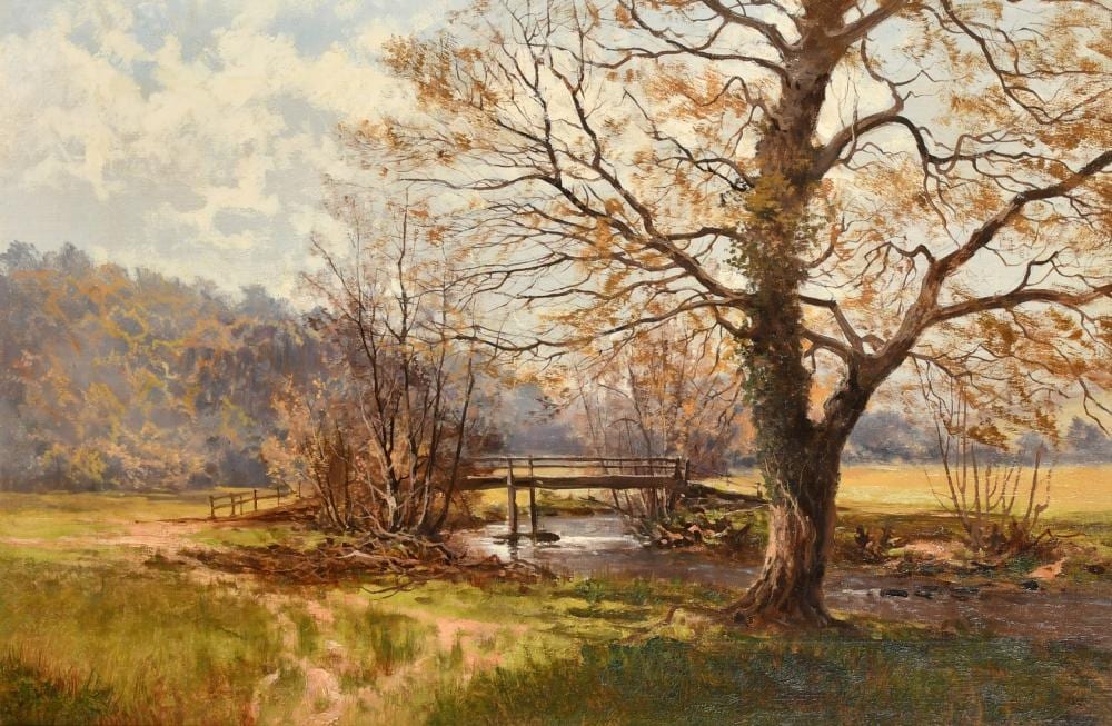 Arthur Bevan Collier comparable auction result: arthur bevan collier 1832 1908 british a wooden bridge over a stream with trees either side running through
