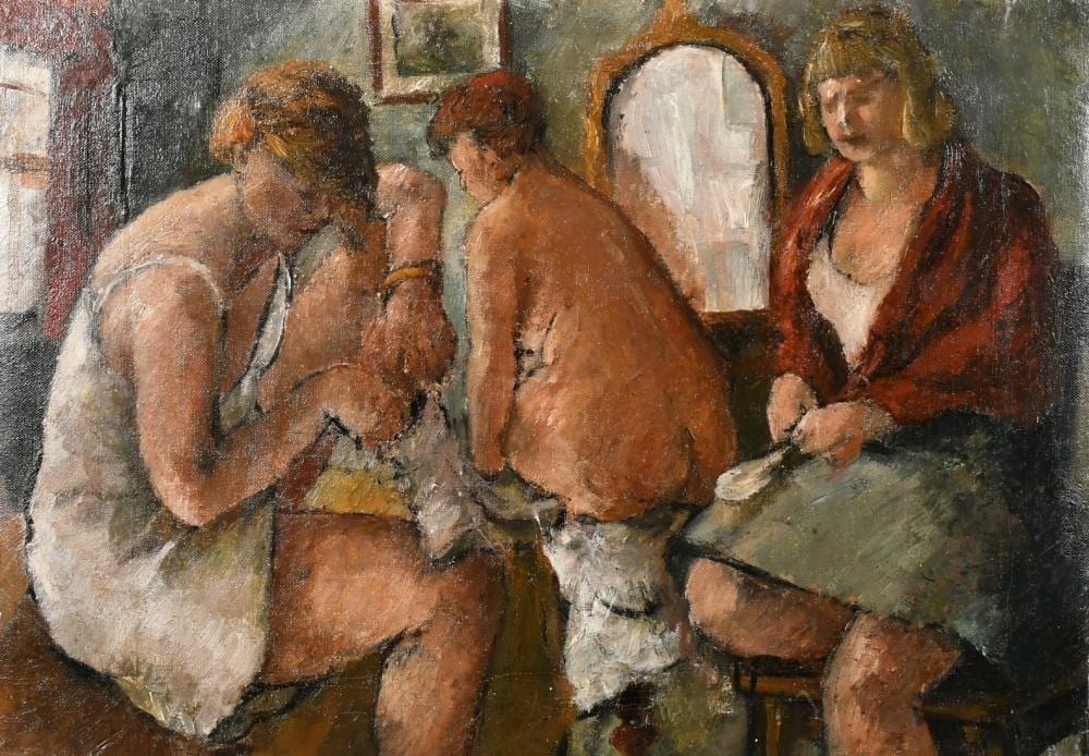 John Linfield comparable auction result: john linfield b 1930 an interior scene with three women dressing oil on canvas 14 25 x 20 36x50 5cm