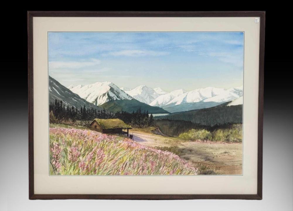 Charles Gause comparable auction result: charles gause original watercolor landscape of a log cabin