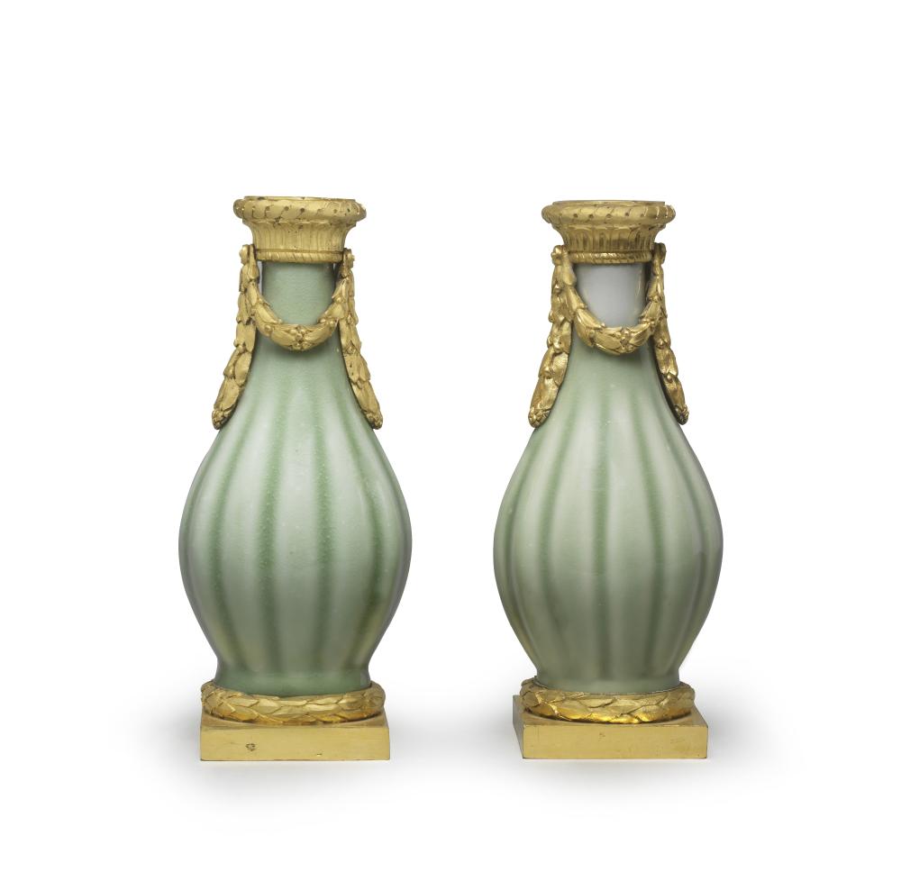 Celadon glazed ormolu mounted vases French mounts auction comp
