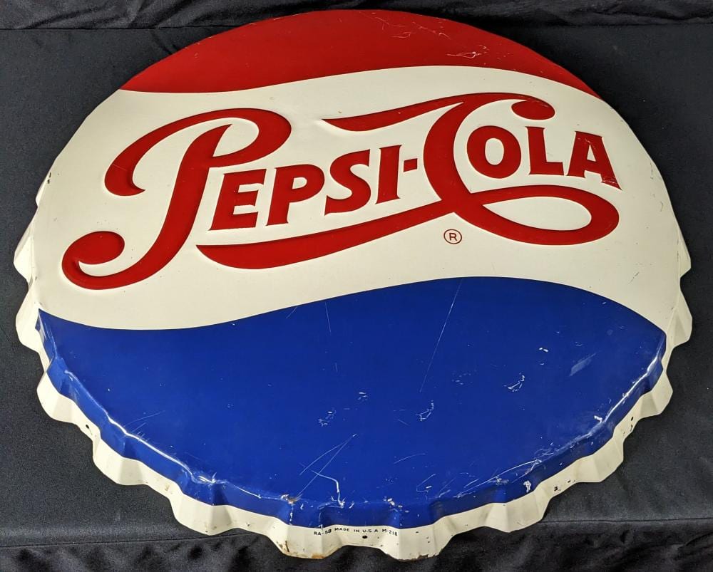 EMBOSSED TIN SIGN PEPSI COLA BOTTLE CAP sold by Millers Auction Co., lot 102 — auction record photograph