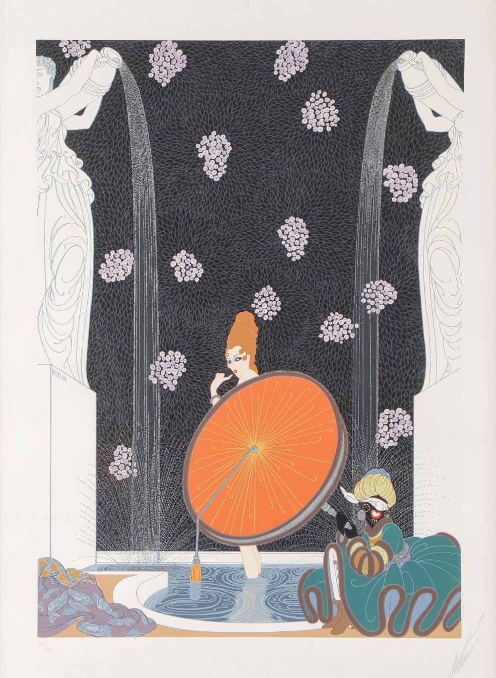 Colorful signed art print showing a seated jester-like figure, an orange circular prop with rays, and floating floral motifs in front of dark columns.