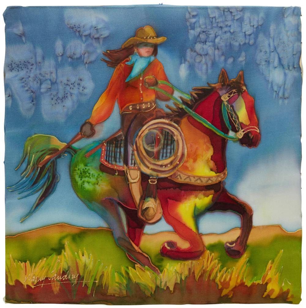 Nancy Cawdrey comparable auction result: nancy cawdrey b 1948 glenna shey and rainbow girl mixed media on silk over mat board 12 h x 12 w