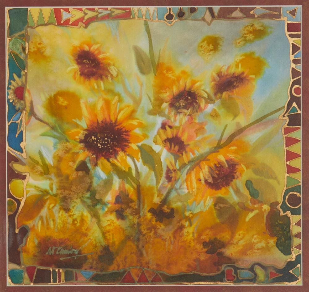 Nancy Cawdrey comparable auction result: nancy cawdrey b 1948 sunflowers mixed media on silk over mat board sight 11 25 h x 11 875 w