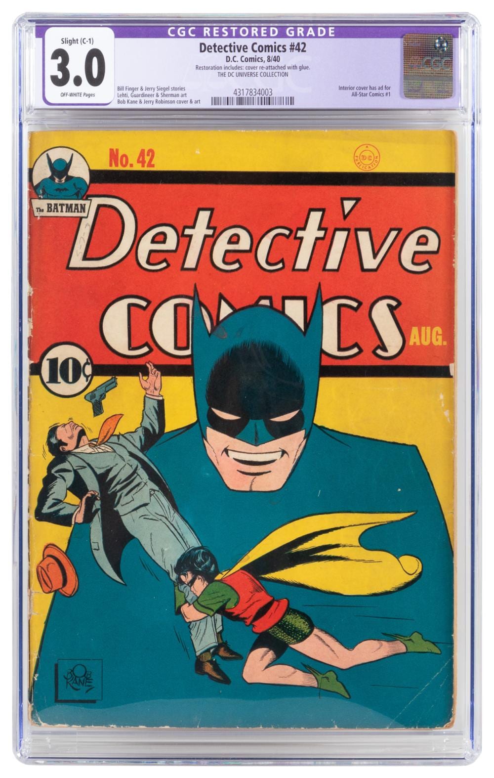 DETECTIVE COMICS #42 * CGC 3.0 Restored * Batman Busts Market Manipulator * Sheer Art Attack * DC Universe Collection sold by PBA Galleries Auctions & Appraisers, lot 161 — auction record photograph