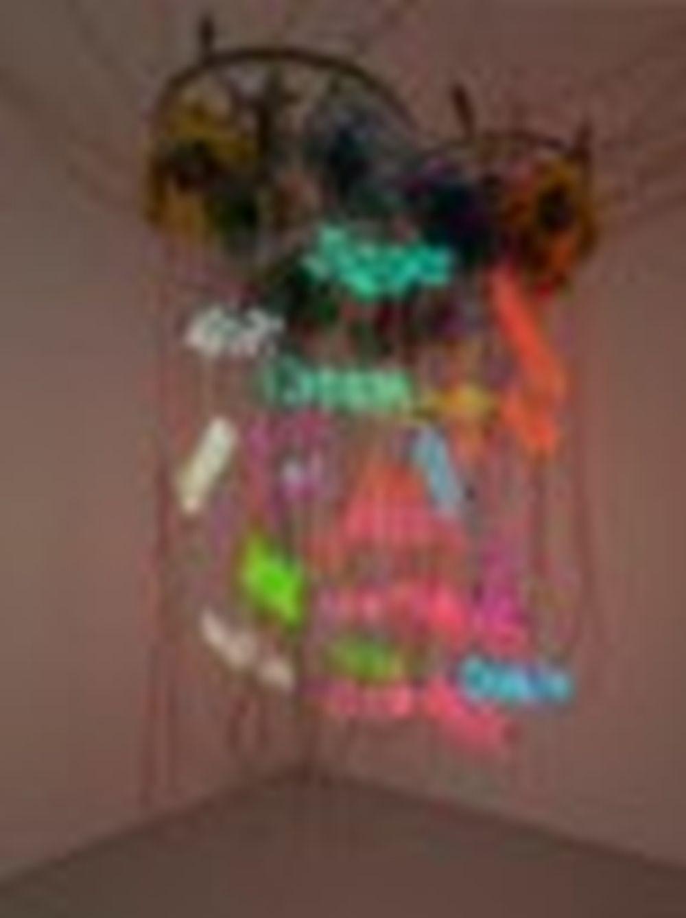 Jason Rhoades comparable auction result: jason rhoades 1965 2006 three wheel waggon wheel chandelier wagon wheels