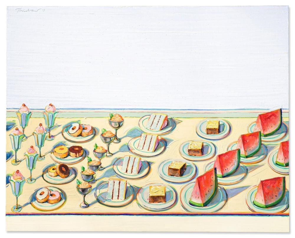 Wayne Thiebaud (1920-2021) Dessert Table oil on canvas 48 x 60 in. (121.9 x comparable sale