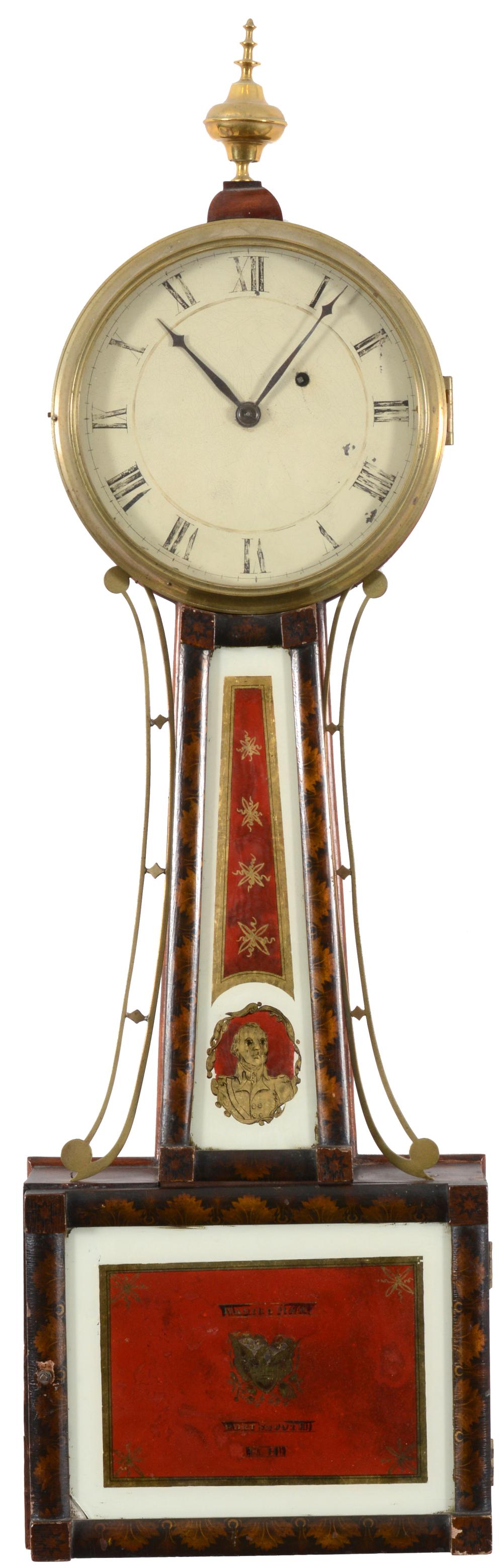 Daniel Ham, Portsmouth. Willard banjo clock with stenciled half-round moldings, circa 1830. Wafer form brass finial above dial and reverse painted panels with patriotic emblems with red ground. The lower glass signed ... sold by Tremont Auctions, lot 560 — auction record photograph