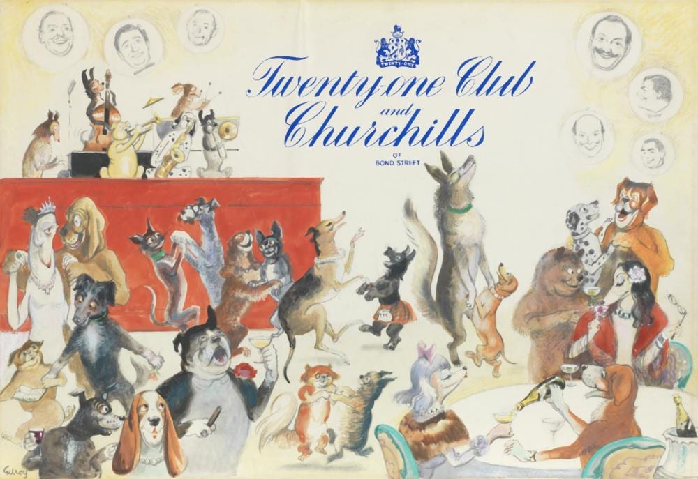 John Thomas Young Gilroy comparable auction result: john thomas young gilroy british 1898 1985 a doggy dance poster design for twenty one club and churchills of bond street unframed
