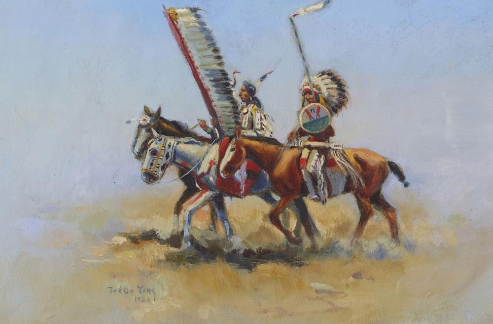 Joe DeYong comparable auction result: joe de yong 1894 1975 medicine men piegan blackfeet brush tail horses 10 x 15 in framed 12 1 2 x 17 1 2 in