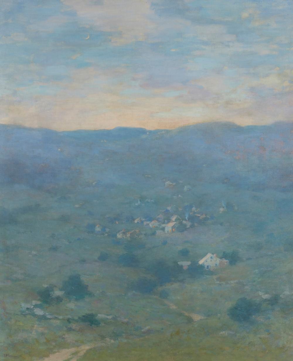 Charlotte Buell Coman comparable auction result: charlotte buell coman 1833 1924 houses in a tonal blue landscape oil on canvas laid to panel 33 h x 27 w