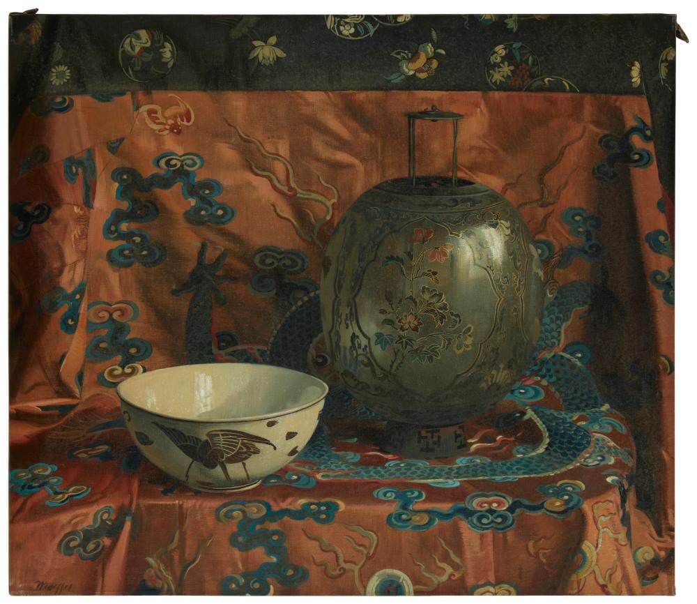 julius moessel 1871 1957 still life with chinese objects and textiles oil on canvas 28 5 h x 32 75 w · John Moran Auctioneers · 2023-11-14 Julius Moessel comparable auction result: julius moessel 1871 1957 still life with chinese objects and textiles oil on canvas 28 5 h x 32 75 w
