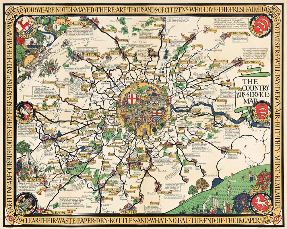 Macdonald Gill comparable auction result: leslie macdonald gill 1884 1947 the country bus services map 1928 40x50 inches 101 x127 cm waterlow sons limited london