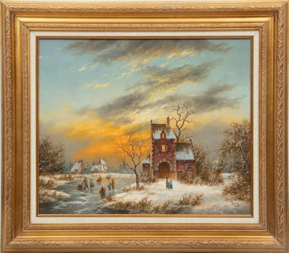 dennis lewan oil on canvas c 1970 dutch winter landscape h 20 w 24 · DuMouchelles · 2023-11-16 Dennis Lewan comparable auction result: dennis lewan oil on canvas c 1970 dutch winter landscape h 20 w 24