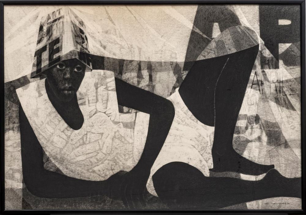 Charles McGee comparable auction result: charles mcgee american 1924 2021 charcoal crayon graphite and kneaded eraser on illustration board 1970 april h 40 w 60