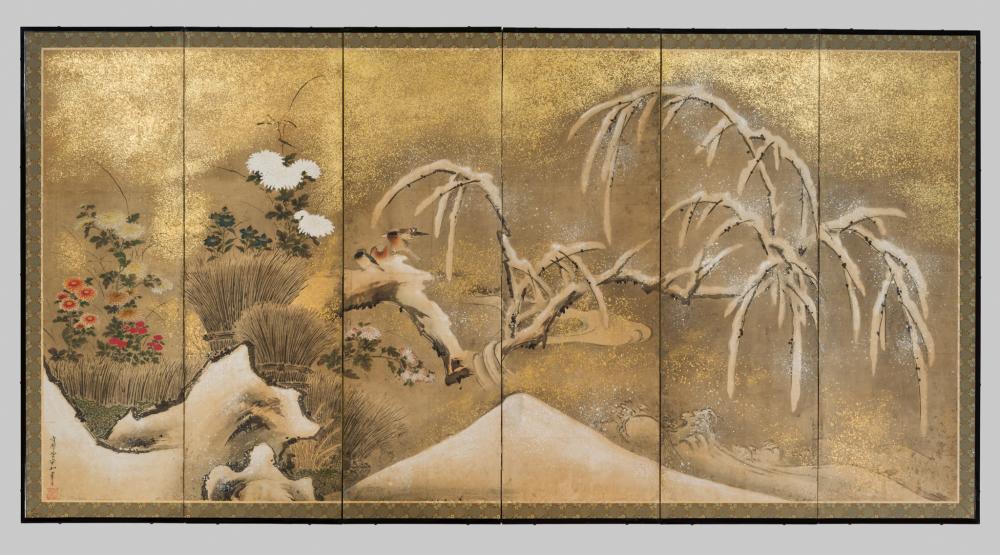 KANO SCHOOL: ‘TRANSITION OF WINTER TO SPRING’ SIX-PANEL BYOBU SCREEN sold by Galerie Zacke, lot 36 — auction record photograph