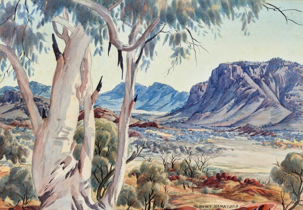 Painted landscape scene with tall trees in the foreground and rocky hills and dry vegetation in the distance.