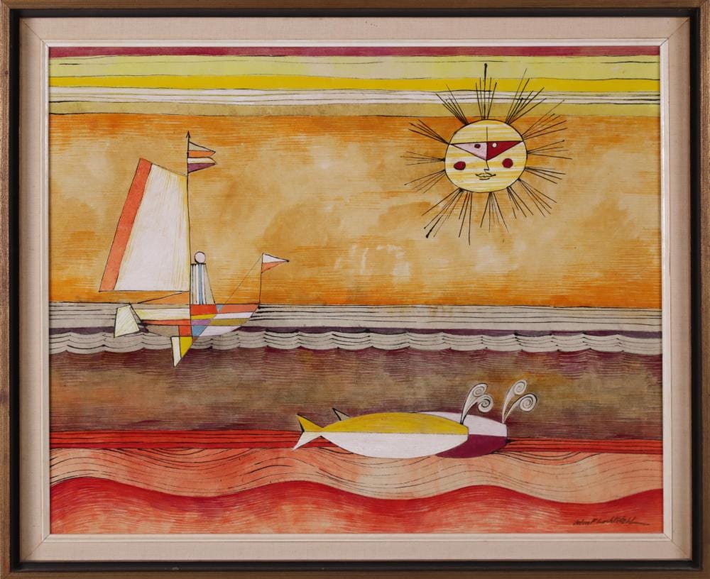 John F. Lochtefeld comparable auction result: john f lochtefeld oil on masonite sailing amongst two whales