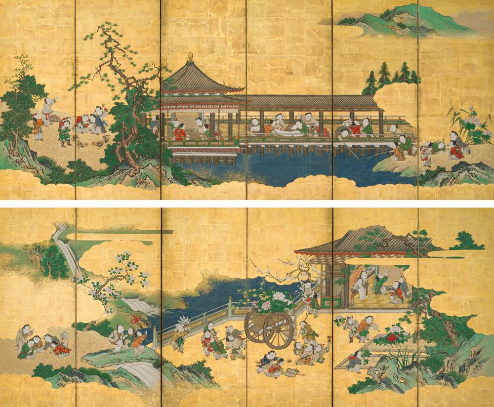KANO SCHOOL: A FINE PAIR OF ‘KARAKO BOYS’ SIX-PANEL BYOBU SCREENS sold by Galerie Zacke, lot 241 — auction record photograph
