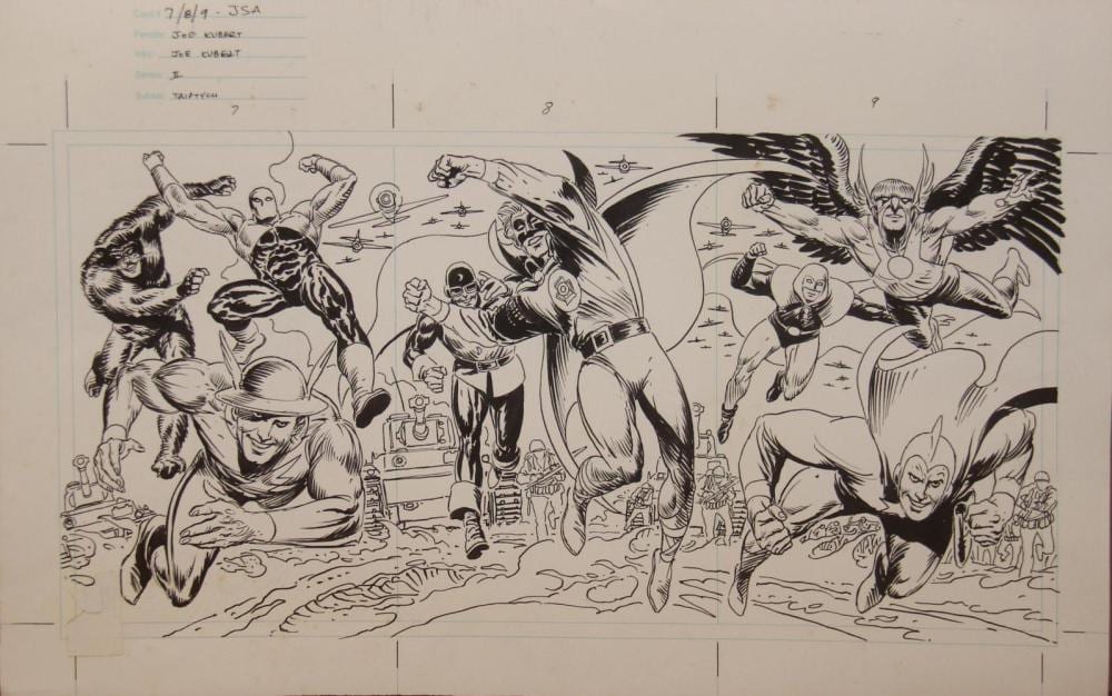 Joe Kubert comparable auction result: joe kubert jla cosmic teams card triptych art