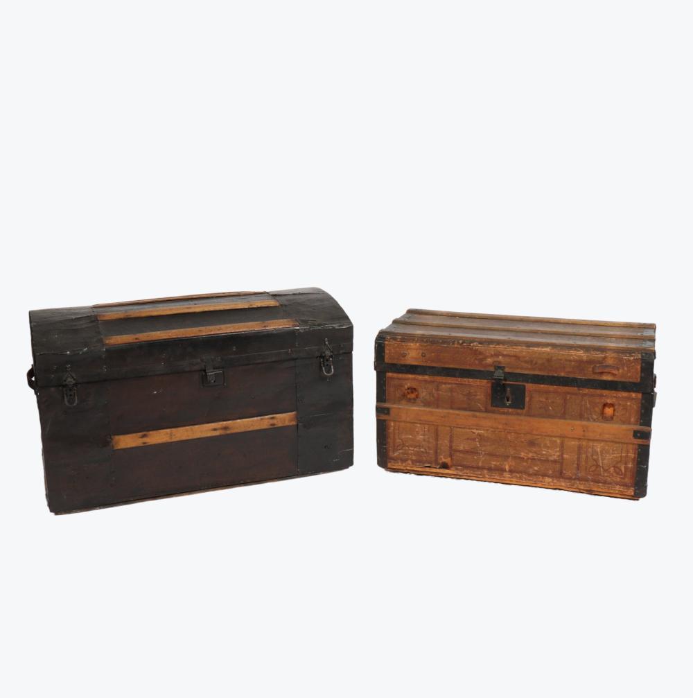 Lot of 2 antique dome and flat top steamer trunks 19"H x 32"W x 17 1/2"D (largest) sold by Ripley Auctions, lot 278 — auction record photograph