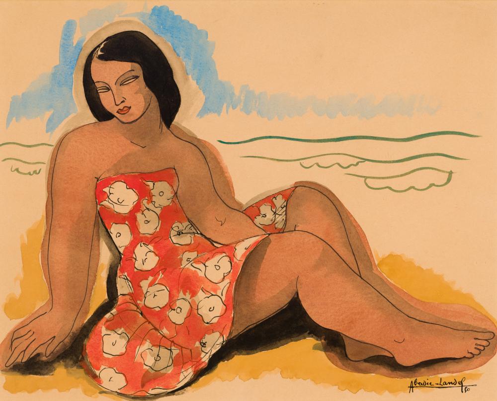 pierre abadie landel fr 1896 1972 woman in a flowered dress 1950 watercolor on paper framed under glass · Barridoff Auctions · 2023-11-18 Pierre Abadie-Landel comparable auction result: pierre abadie landel fr 1896 1972 woman in a flowered dress 1950 watercolor on paper framed under glass