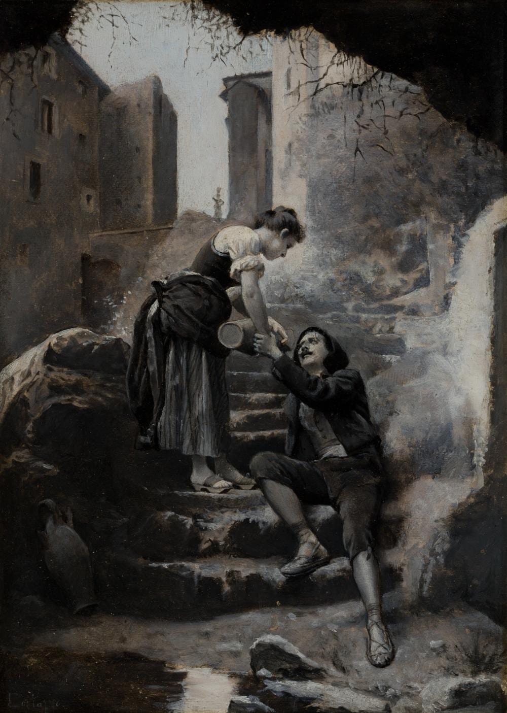 Oreste Cortazzo comparable auction result: oreste cortazzo it fr 1836 1910 mila surprised at the fountain oil on panel unframed