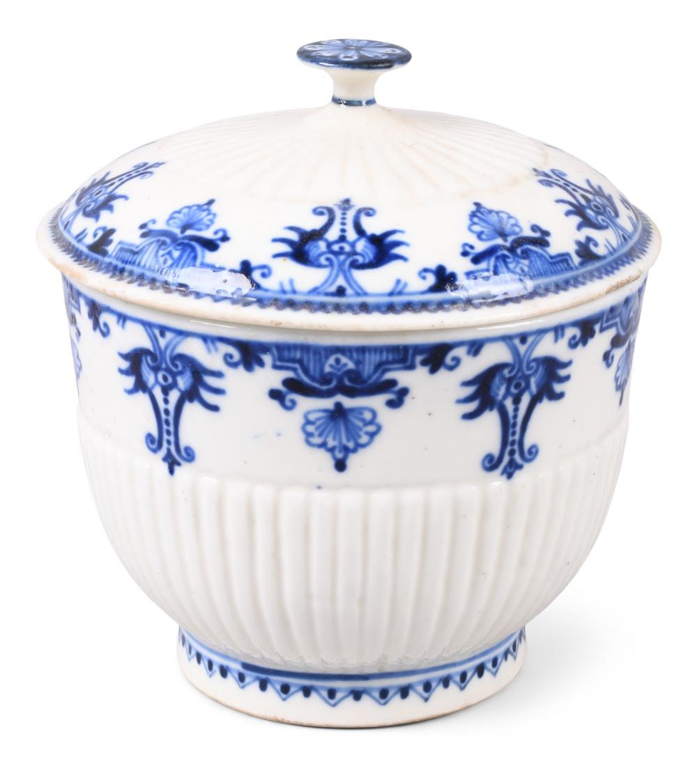 SAINT-CLOUD PORCELAIN BLUE AND WHITE SUGAR-BOWL AND COVER, 1740-1750 Height overall: 4 1/4 in. (10.8 cm.) sold by Potomack Company, lot 3135 — auction record photograph