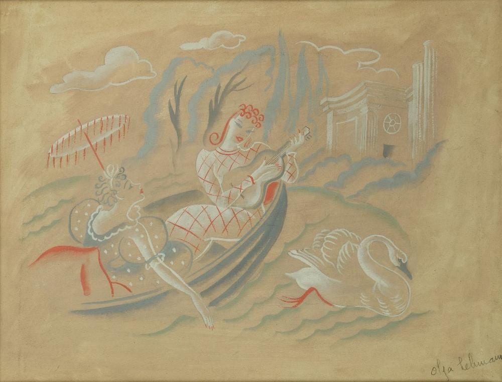 Olga Lehmann comparable auction result: olga lehmann two ladies in a boat with swan