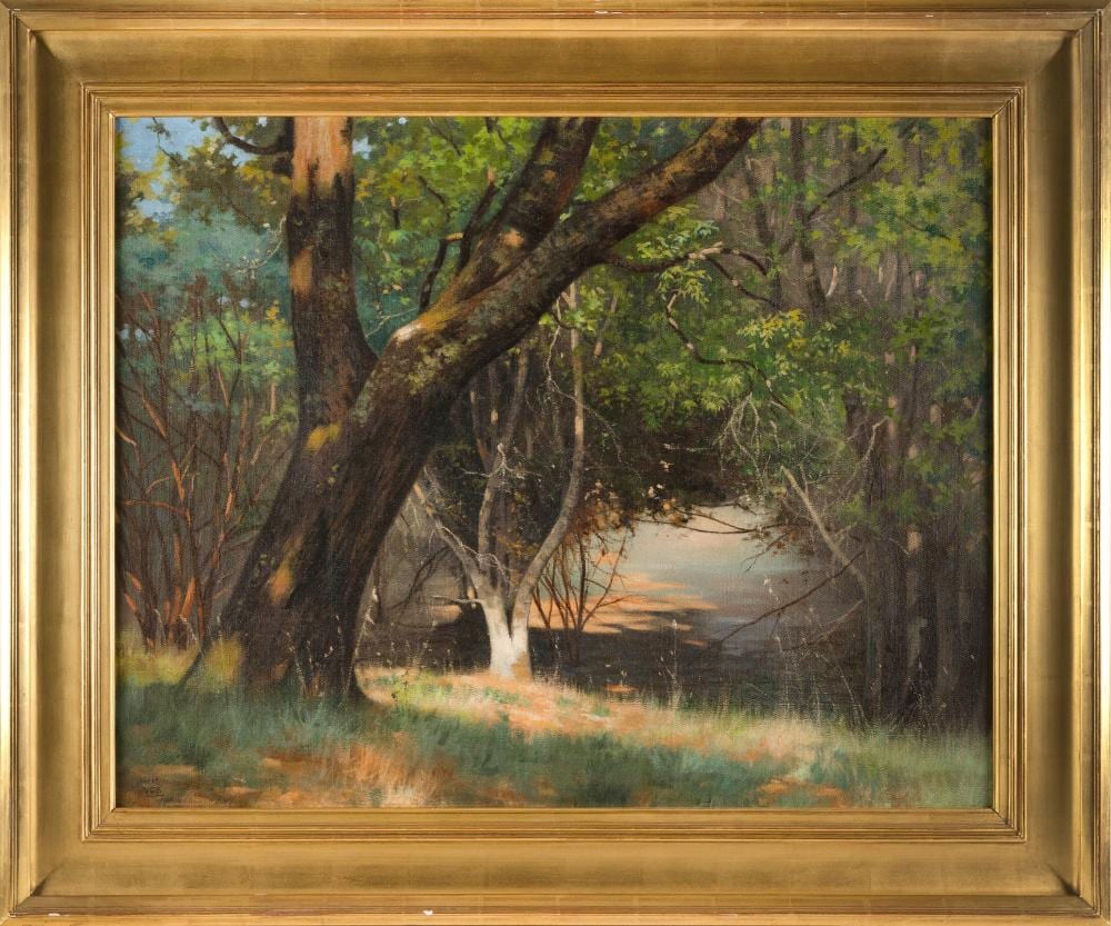 hubert vos new york 1855 1935 sunlight through the trees oil on canvas 28 x 36 framed 36 x 44 · Eldred's · 2024-01-26 Hubert Vos comparable auction result: hubert vos new york 1855 1935 sunlight through the trees oil on canvas 28 x 36 framed 36 x 44