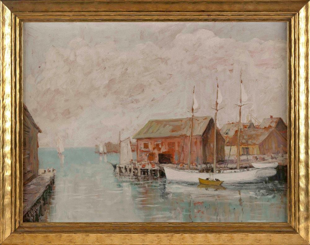 Charles E. Duncan Rodick comparable auction result: charles e duncan rodick massachusetts maine nova scotia 1874 after 1940 three masted schooner at a pier possibly gloucester oil on panel 18 x 24 framed 21 5 x 27