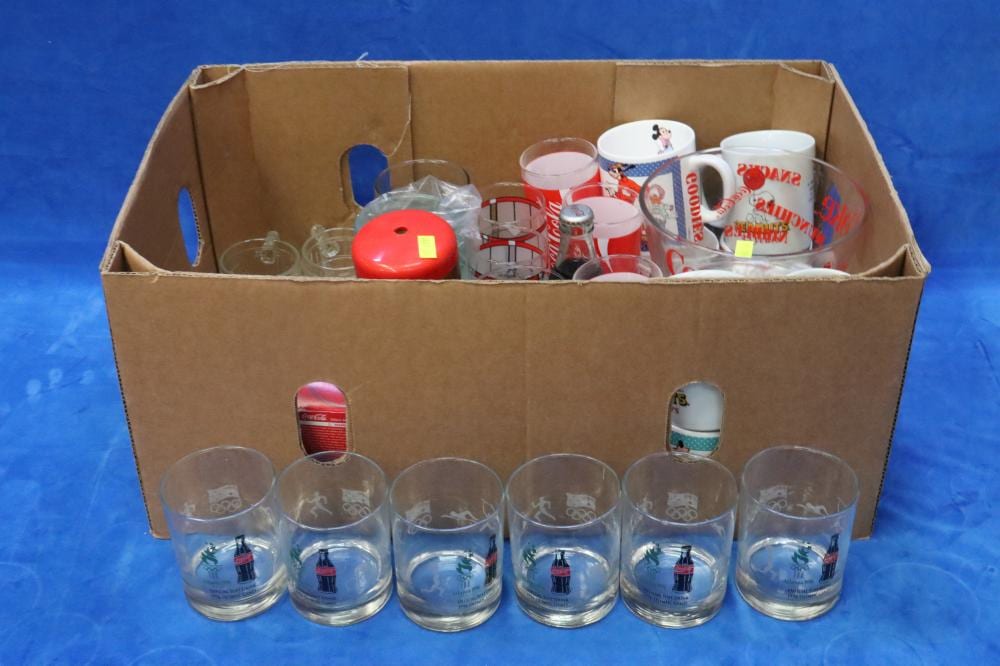 COLLECTION OF COKE MEMORABILIA INC. GLASSES, BOWLS & SEALED COKE BOTTLE + COLLECTION OF DISNEY MUGS/GLASSES INC. MICKEY MOUSE & THE HUNCHBACK OF NOTRE DAME + 6X 1996 OLYMPIC GLASSES sold by Albion Antique Auction Centre, lot 483 — auction record photograph