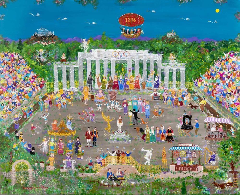 Sofia Kalogeropoulou comparable auction result: sofia kalogeropoulou greek born 1946 les jeux olympiques de 1896 signed in greek lower left acrylic on wood