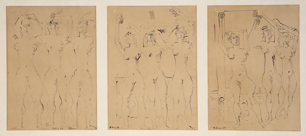 nikos nikolaou greek 1909 1986 etudes de trois nus 36 7 x 24 5cm 14 7 16 x 9 5 8in chacun all signed and dated lower part ink on paper · Bonhams · 2023-11-22 Nikos Nikolaou comparable auction result: nikos nikolaou greek 1909 1986 etudes de trois nus 36 7 x 24 5cm 14 7 16 x 9 5 8in chacun all signed and dated lower part ink on paper