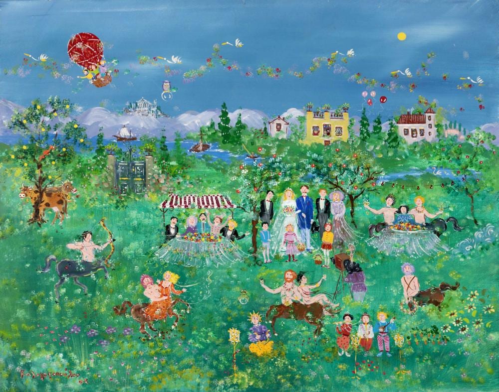 Sofia Kalogeropoulou comparable auction result: sofia kalogeropoulou greek born 1946 le marriage peint en 2005 signed in greek and dated lower left oil on wood