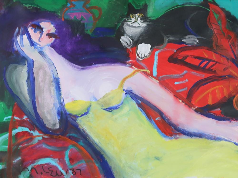 Michael Leu comparable auction result: michael leu oil on paper woman with cat