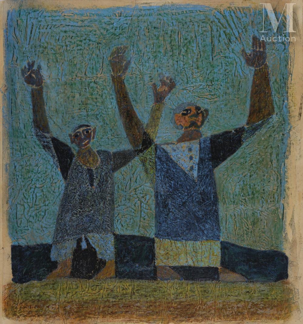 Hamid Abdallah comparable auction result: hamed abdallah egypte 1917 1985 les fermiers the farmers techniques mixes sur panneaux