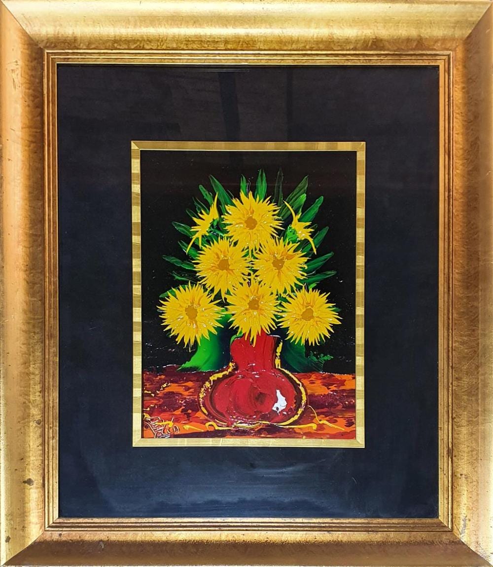 Dean Vella comparable auction result: dean vella australia 1951 paper daisies acrylic on board signed and titled verso 50 x 38 cm framed 96 x 84 cm