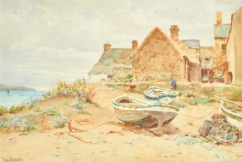 Tom Clough comparable auction result: tom clough 1867 1943 fisherman mending nets watercolour signed 14 x 20 75 36 x 53cm