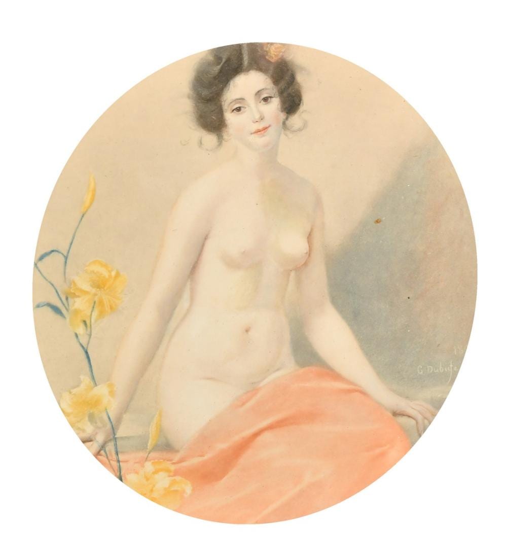 Guillaume Dubufe comparable auction result: guillaume dubufe 1853 1909 french a scantily clad beauty with yellow flowers watercolour signed and indis