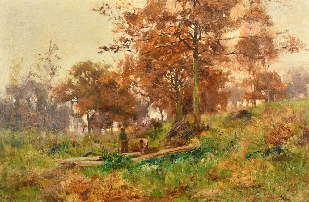 Frank Richards comparable auction result: frank richards 1863 1935 foresters in a clearing oil on canvas laid on board signed 14 x 21 36 x 53cm