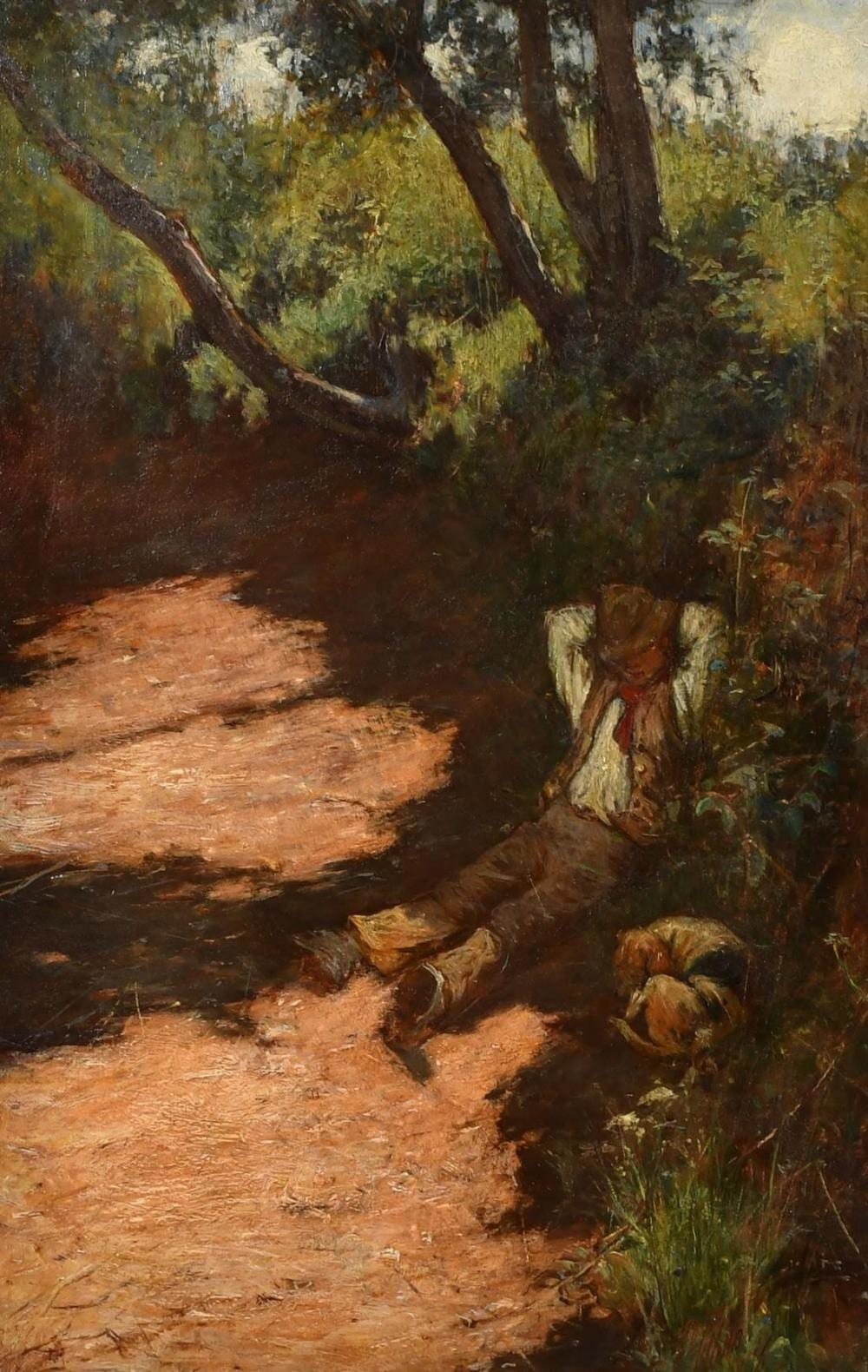 John White comparable auction result: john white 1851 1933 british a young boy lying against a bank on a pathway beneath trees in the shade with