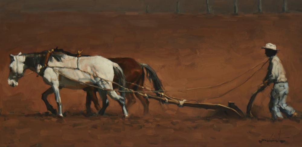Clarence McGrath comparable auction result: w clarence mcgrath 1938 2007 plowing in mexico 1965 oil on masonite 15 h x 30 w