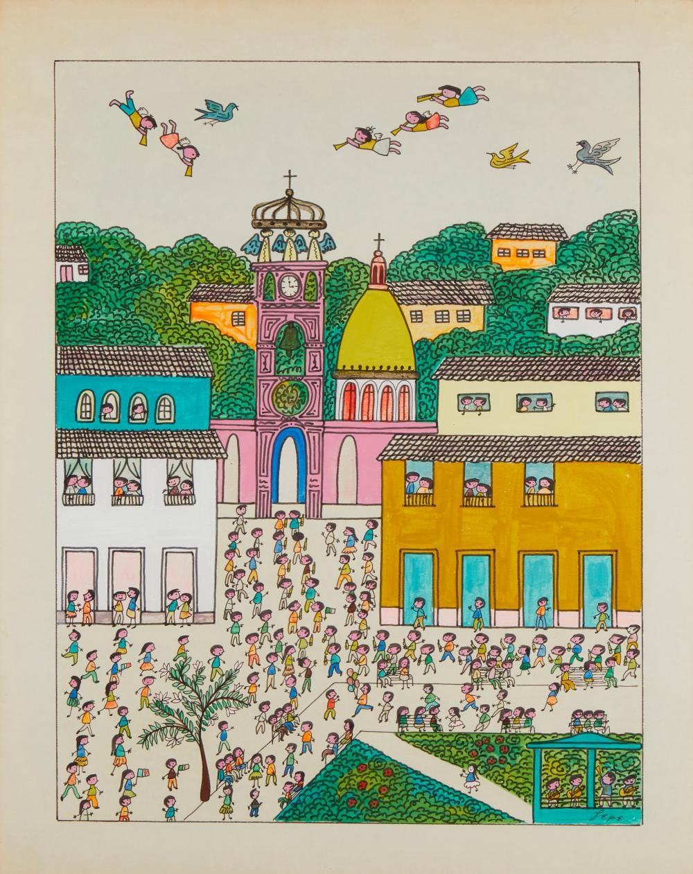 Manuel Lepe comparable auction result: manuel lepe 1936 1984 children playing outside a church mixed media on paper sight 27 5 h x 21 5 w