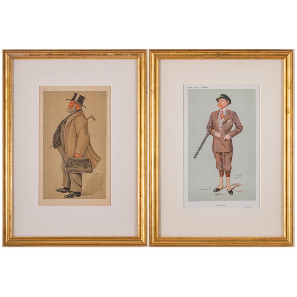 Two framed vintage political cartoon prints showing dressed men, one holding a briefcase and one holding a rifle or shotgun, each on a light background.