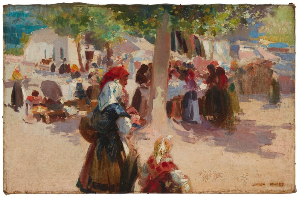 Julio Vila Prades comparable auction result: julio vila prades 1873 1930 en el mercado oil on canvas 20 25 h x 31 375 w