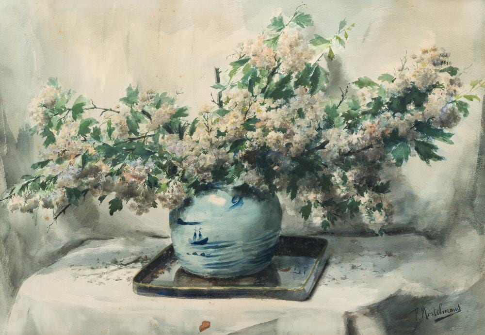 frans mortelmans 1865 1936 blossoming boughs in delft vase on tray on table watercolour on paper · Coronari Auctions · 2023-11-30 Frans Mortelmans comparable auction result: frans mortelmans 1865 1936 blossoming boughs in delft vase on tray on table watercolour on paper