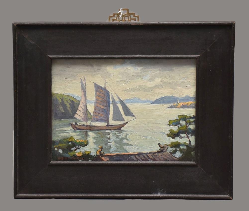 George Bertrand Mitchell comparable auction result: george bertrand mitchell american 1872 1966 oil on board sailboat in harbor 9 x 12 inches