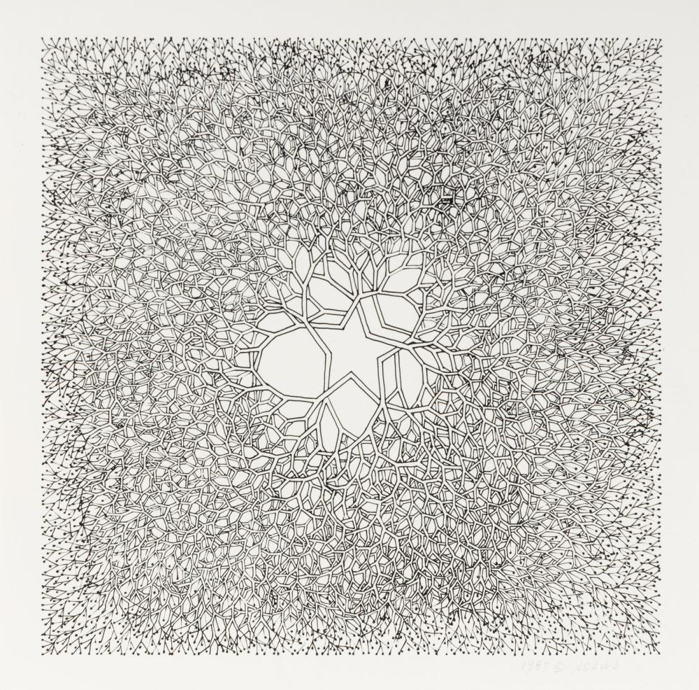 Ruth Asawa comparable auction result: ruth asawa american 1926 2013 desert star p 004 tied wire tree with asymmetrical five pointed star in center branching to an enclosed square 1987