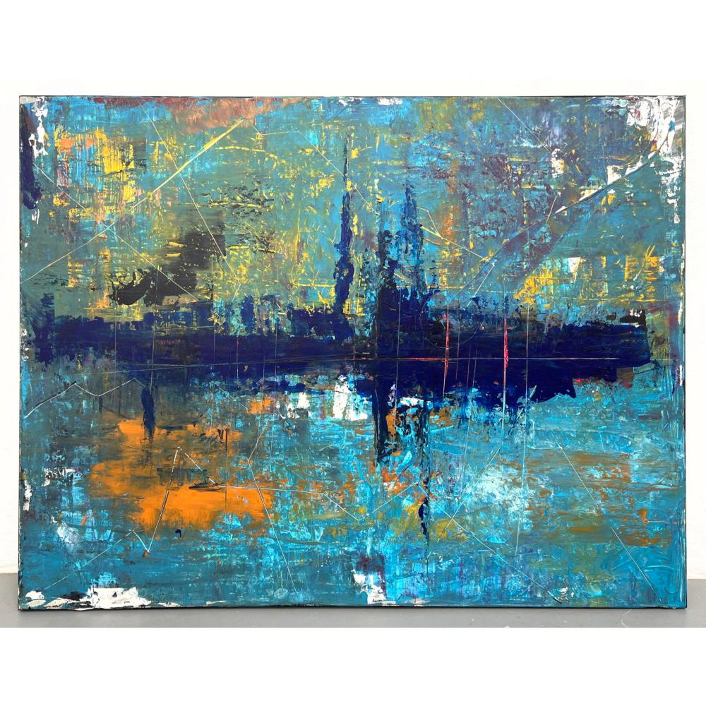 DENNIS SAKELSON ABSTRACT PAINTING ON CANVAS. SIGNED MODERNIST PAINTING. sold by Uniques & Antiques, lot 731 — auction record photograph